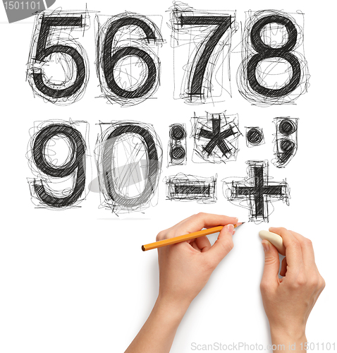 Image of sketch letters and numbers with hand and pencil