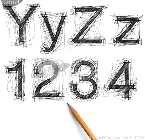 Image of sketch letters and numbers with pencil new 