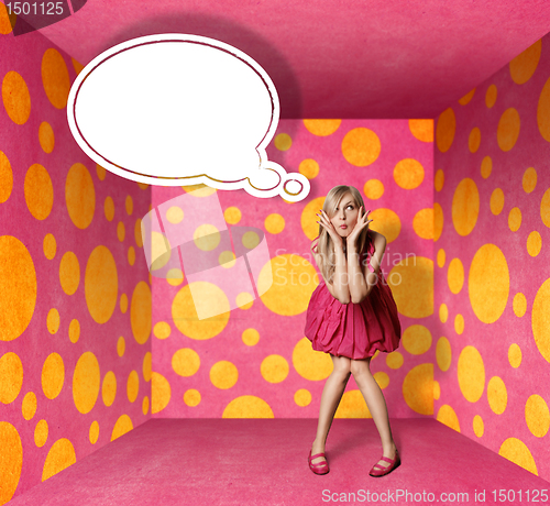 Image of surprised blonde in pink dress with thought bubble