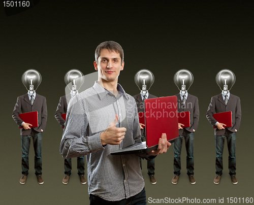 Image of lamp head businesspeople with laptop