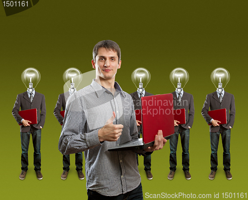 Image of lamp head businesspeople with laptop