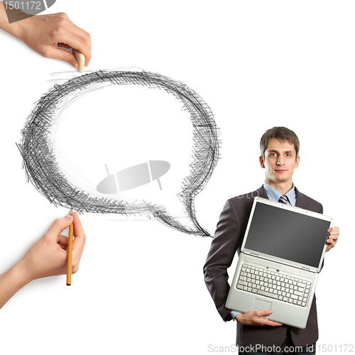 Image of human hands with speech bubble and man