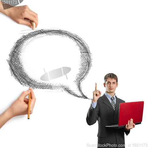 Image of human hands with speech bubble and man