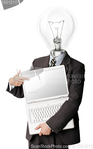 Image of businessman with lamp-head with open laptop shows something