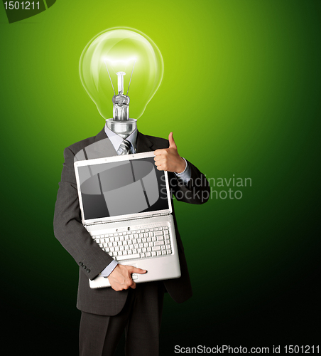 Image of businessman with lamp-head with open laptop shows welldone