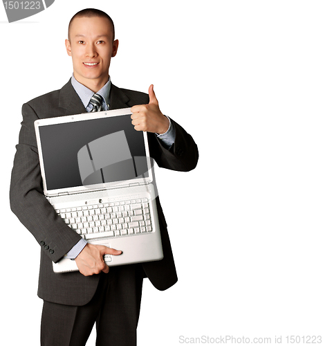 Image of businessman with open laptop shows welldone