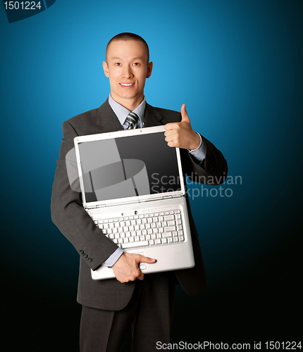 Image of businessman with open laptop shows welldone