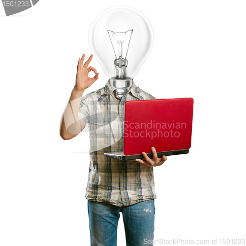 Image of casual lamp-head with laptop shows OK