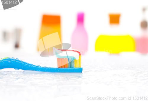 Image of Toothbrush and bathroom bakcground