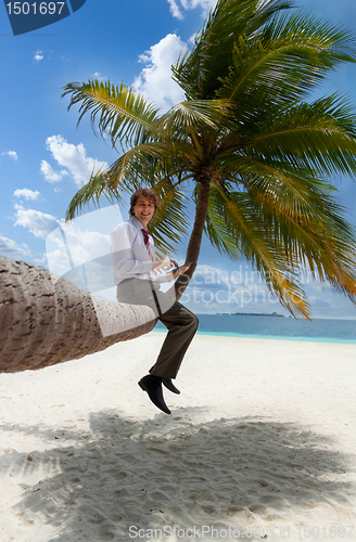 Image of Businessman with tablet pc sitting on palm tree