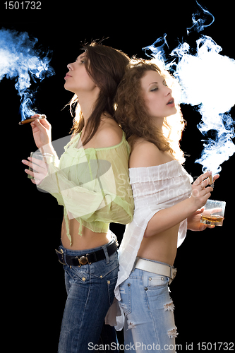 Image of Two young pretty girlfriends with a cigars