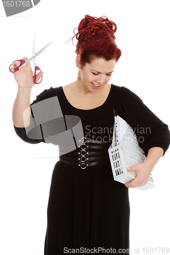 Image of  Modern girl with scissors and folder of documents