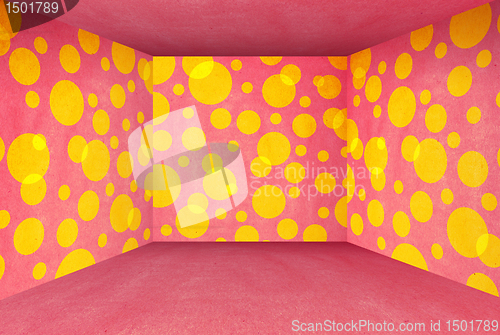 Image of funny cardboard room of pink color and yellow circles