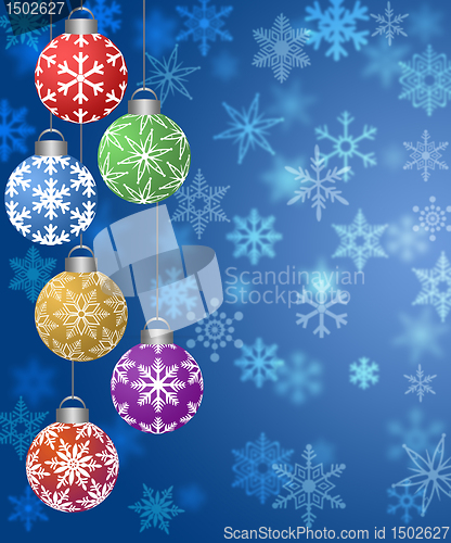 Image of Hanging Ornaments on Blurred Snowflakes Background