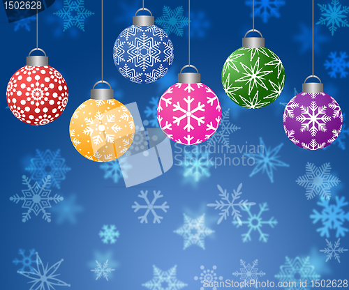 Image of Hanging Ornaments on Blurred Snowflakes Background Horizontal