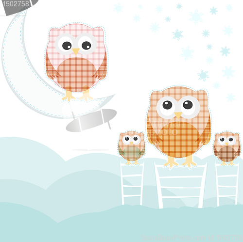 Image of Card with family owls on sky over cloud