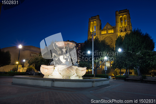 Image of Grace Cathedral from Huntington Park at Blue Hour