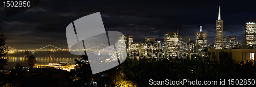 Image of San Francisco Skyline and Oakland Bay Bridge at Blue Hour