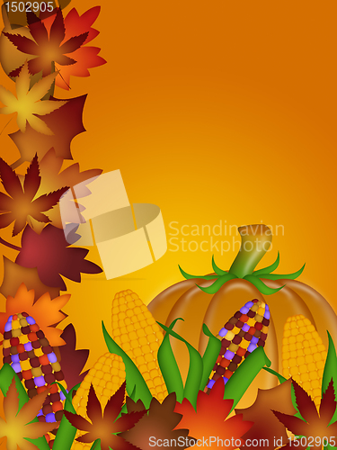 Image of Pumpkin Ornamental Corn and Fall Leaves