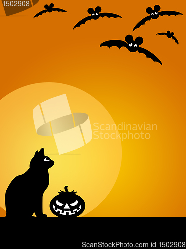 Image of Halloween Carved Pumpkin Cat Moon and Bats