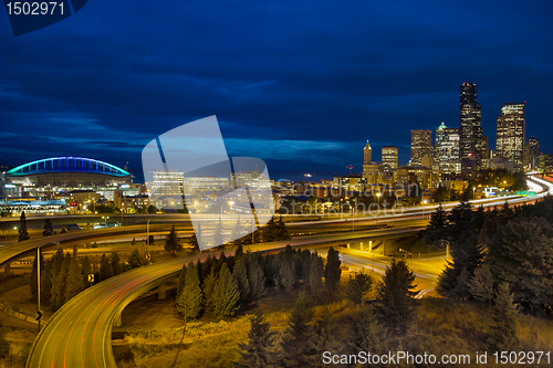 Image of Seattle Downtown Skyline and Freeway at Twilight