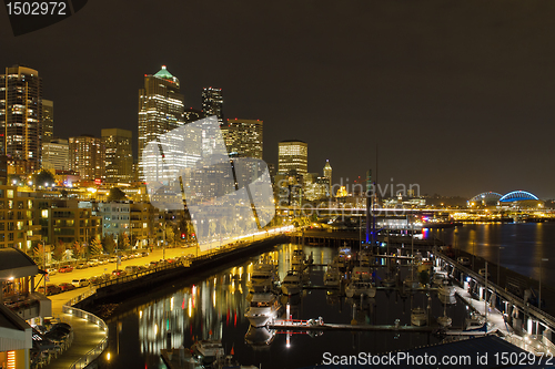 Image of Seattle Downtown Waterfront Skyline at Night Reflection