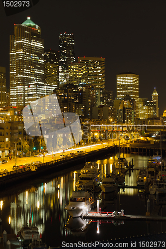 Image of Seattle Downtown Waterfront Skyline at Night