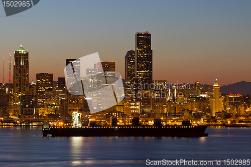 Image of Container Ship on Puget Sound along Seattle Skyline