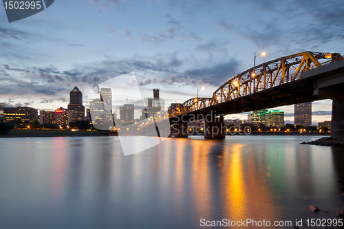 Image of Portland Skyline and Hawthorne Bridge at Sunset