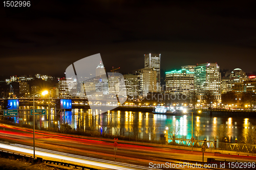 Image of Portland Oregon Waterfront Skyline at Night