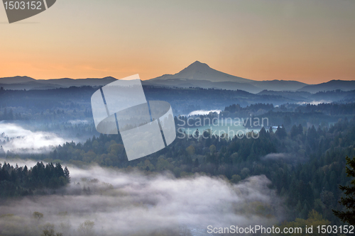 Image of Foggy Sunrise Over Sandy River and Mount Hood