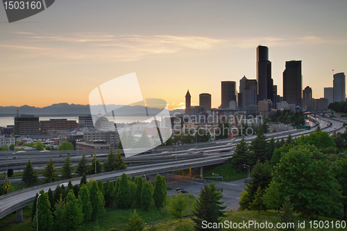 Image of Seattle Washington Downtown City Sunset