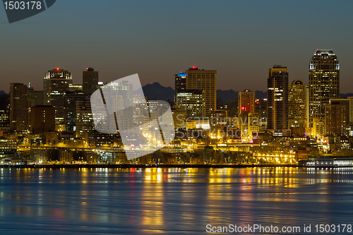 Image of Seattle Washington Waterfront Skyline at Dawn