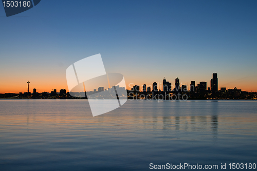 Image of Seattle Washington Waterfront Skyline at Sunrise Panorama