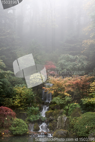 Image of Waterfall at Japanese Garden in Fall