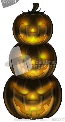 Image of Halloween Carved Stack of 3 Pumpkins Isolated on White Backgroun