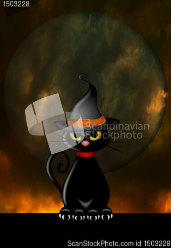 Image of Halloween Cat with Witches and Spooky Moon Moon