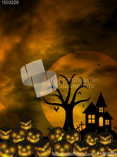 Image of Halloween Carved Pumpkin Patch Bats Moon Cemetery