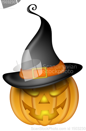 Image of Halloween Carved Pumpkin with Hat Isolated on White Background