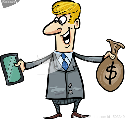 Image of businessman with tablet and sack of dollars