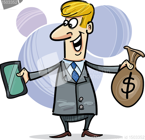Image of businessman with tablet and sack of dollars