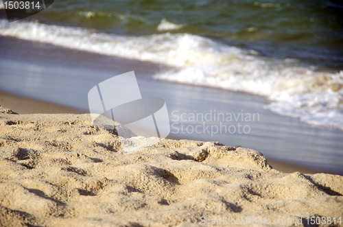 Image of Sea sand on coast and waves out of focus.