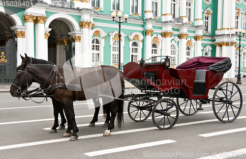 Image of carriage with horses in the background of the Hermitage