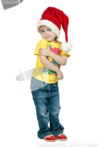 Image of little girl in santa hat on a white background