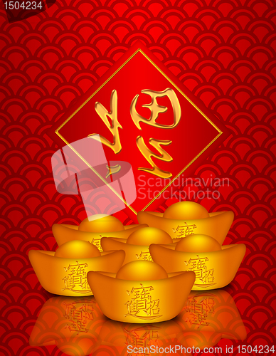 Image of Chinese Gold Money on Dragon Scale Pattern Background