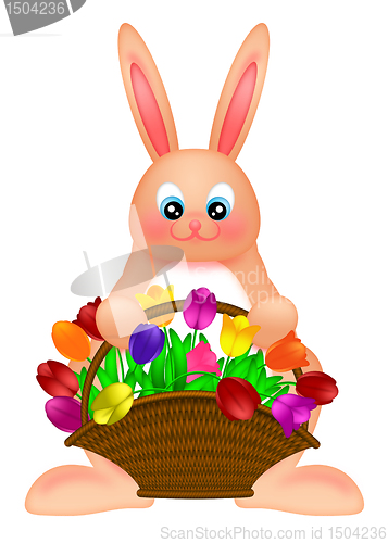 Image of Happy Easter Bunny Rabbit  with Colorful Tulips Basket Illustrat