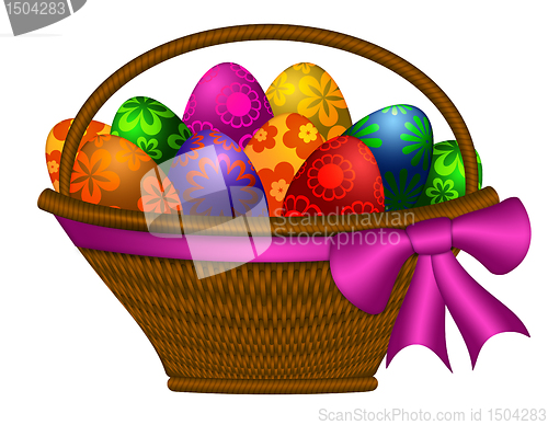 Image of Basket of Easter Day Eggs with Bow Illustration