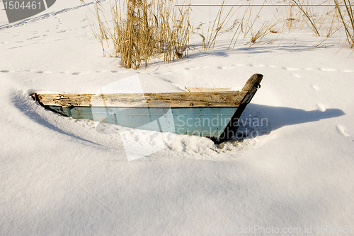 Image of Blue boat covered by snow