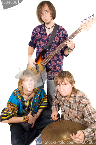 Image of Musical band: the guitarist and two drummers