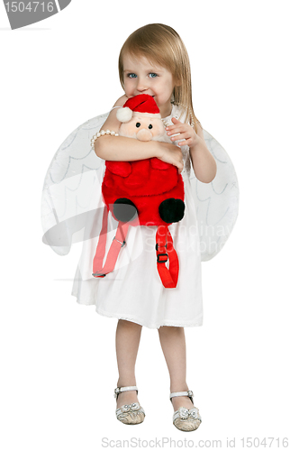 Image of little girl with angel wings and a red Santa Claus 